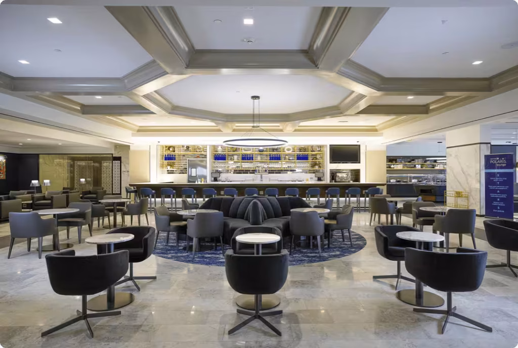 Bar area at United Polaris Lounge Washington Dulles IAD